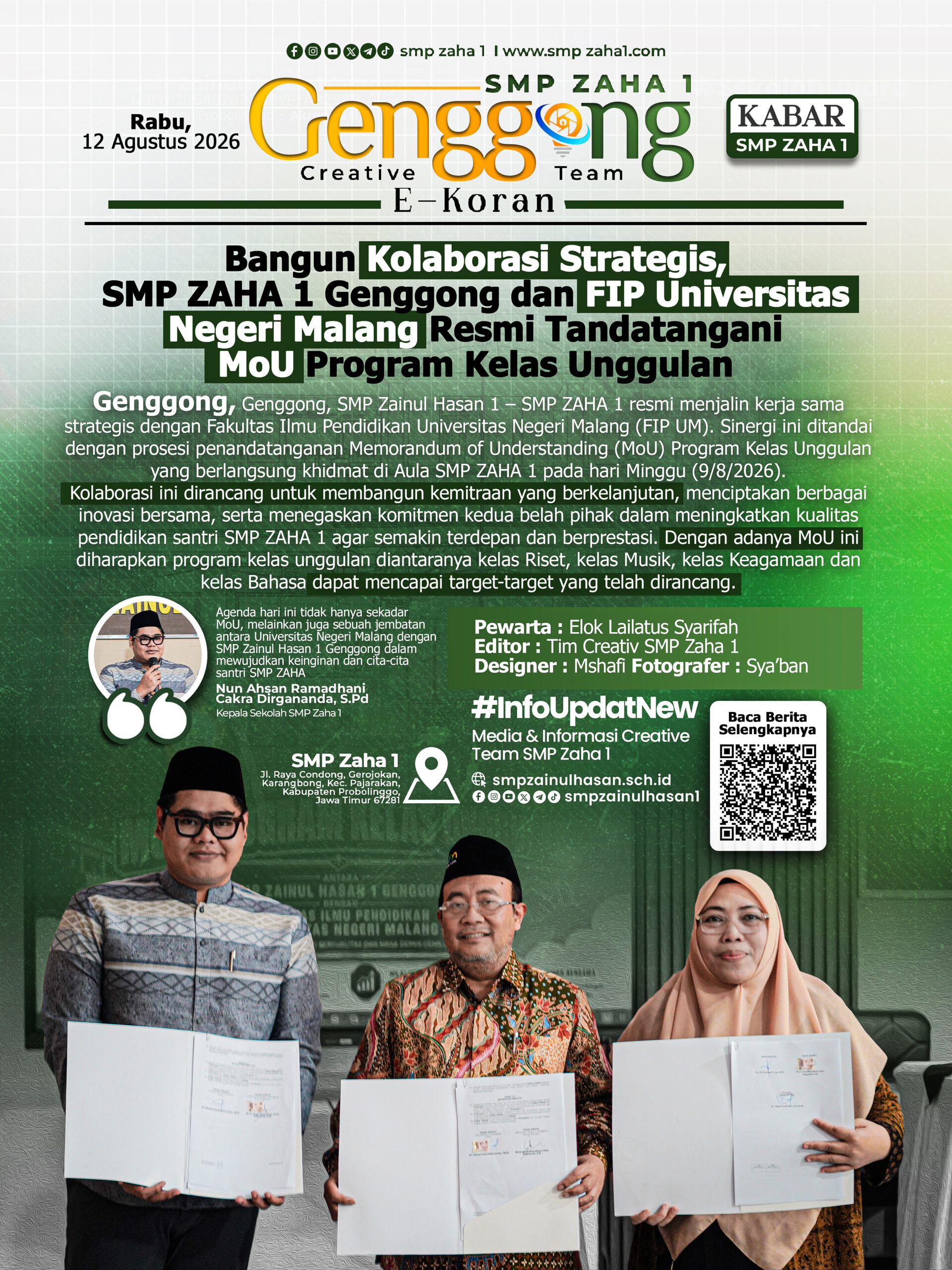 Bangun Kolaborasi Strategis, SMP ZAHA 1 Genggong dan FIP Universitas Negeri Malang Resmi Tandatangani MoU Program Kelas Unggulan